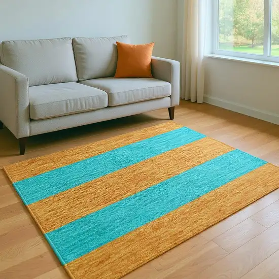 Aqua And Orange Striped Washable Area Rug With UV Protection Photo 2