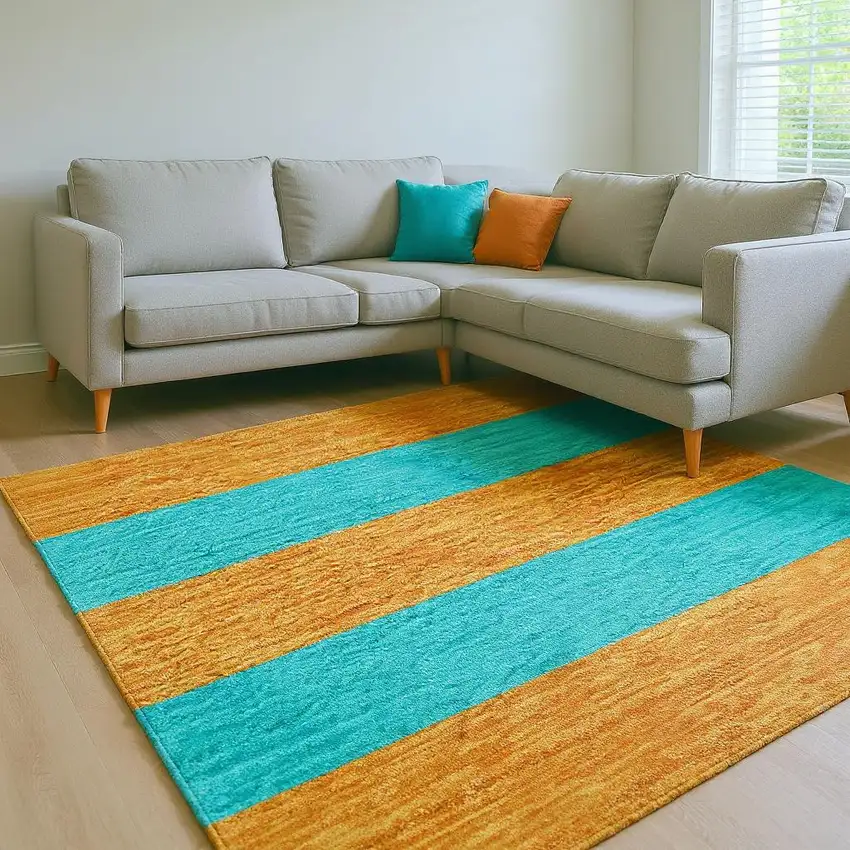 Aqua And Orange Striped Washable Area Rug With UV Protection Photo 2