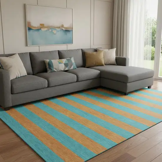 Aqua And Orange Striped Washable Area Rug With UV Protection Photo 1