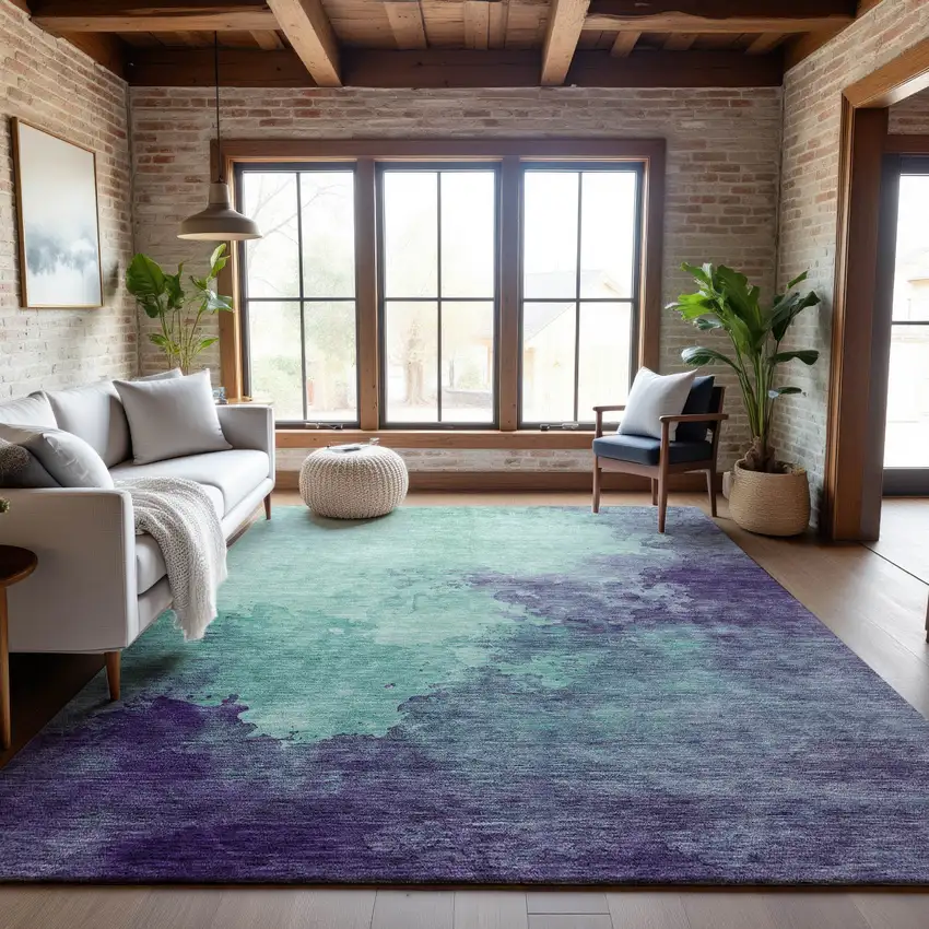 Aqua And Purple Abstract Washable Area Rug With UV Protection Photo 4