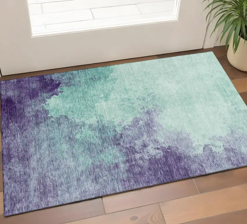 Aqua And Purple Abstract Washable Area Rug With UV Protection Photo 1