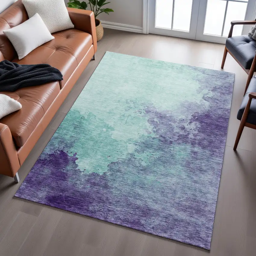 Aqua And Purple Abstract Washable Area Rug With UV Protection Photo 5
