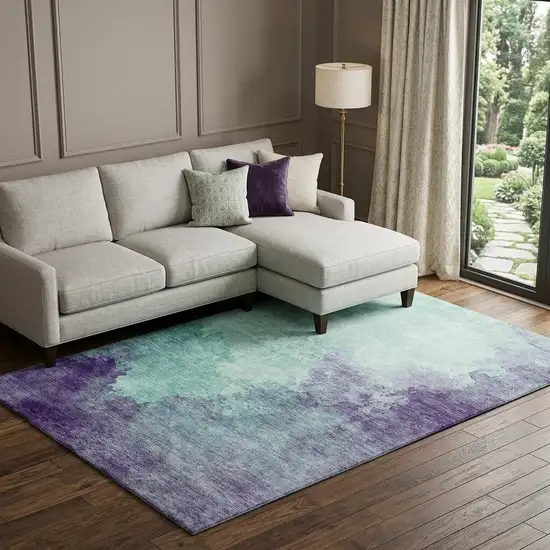 Aqua And Purple Abstract Washable Area Rug With UV Protection Photo 1