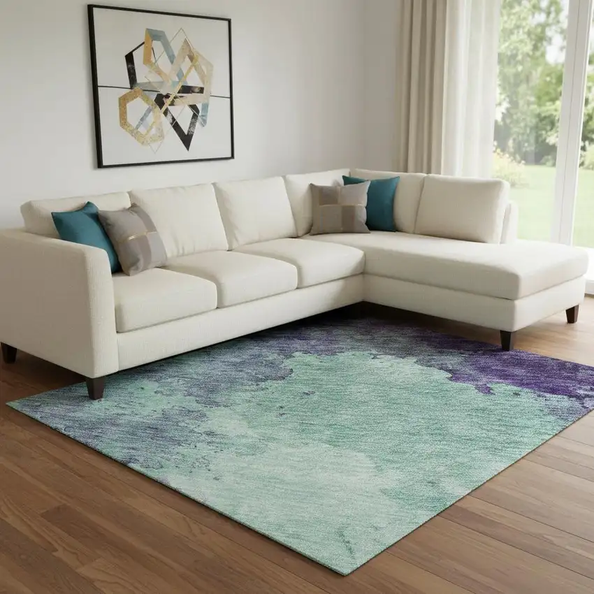 Aqua And Purple Abstract Washable Area Rug With UV Protection Photo 2