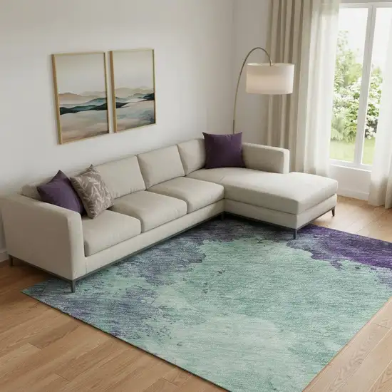 Aqua And Purple Abstract Washable Area Rug With UV Protection Photo 2