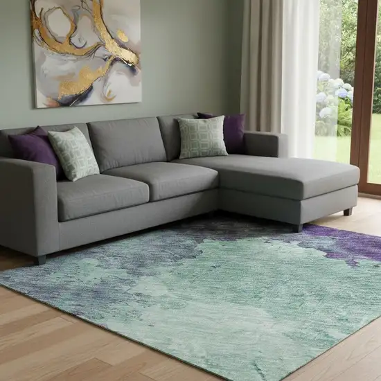 Aqua And Purple Abstract Washable Area Rug With UV Protection Photo 2