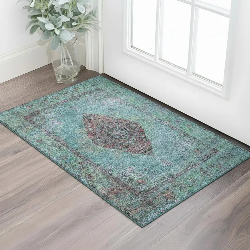 Aqua And Purple Medallion Washable Area Rug With UV Protection Photo 2
