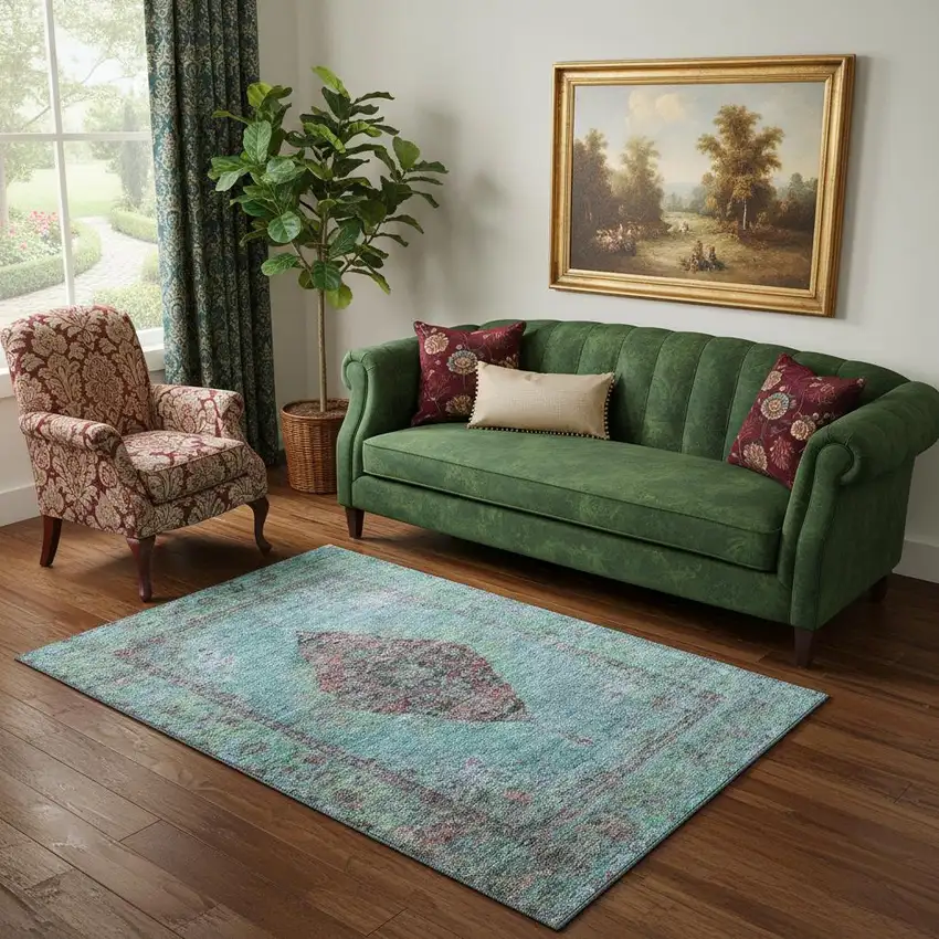 Aqua And Purple Medallion Washable Area Rug With UV Protection Photo 2