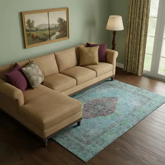 Aqua And Purple Medallion Washable Area Rug With UV Protection Photo 2