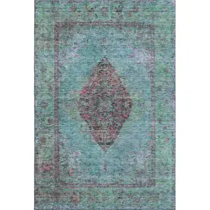 Photo of Aqua And Purple Medallion Washable Area Rug With UV Protection