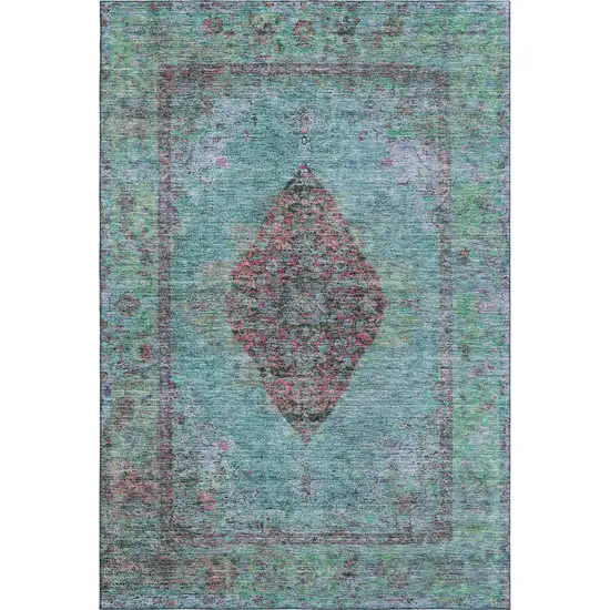 Aqua And Purple Medallion Washable Area Rug With UV Protection Photo 1