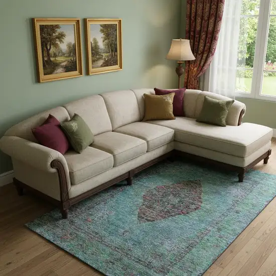 Aqua And Purple Medallion Washable Area Rug With UV Protection Photo 2