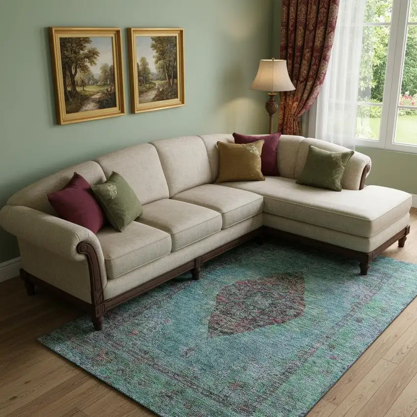 Aqua And Purple Medallion Washable Area Rug With UV Protection Photo 2