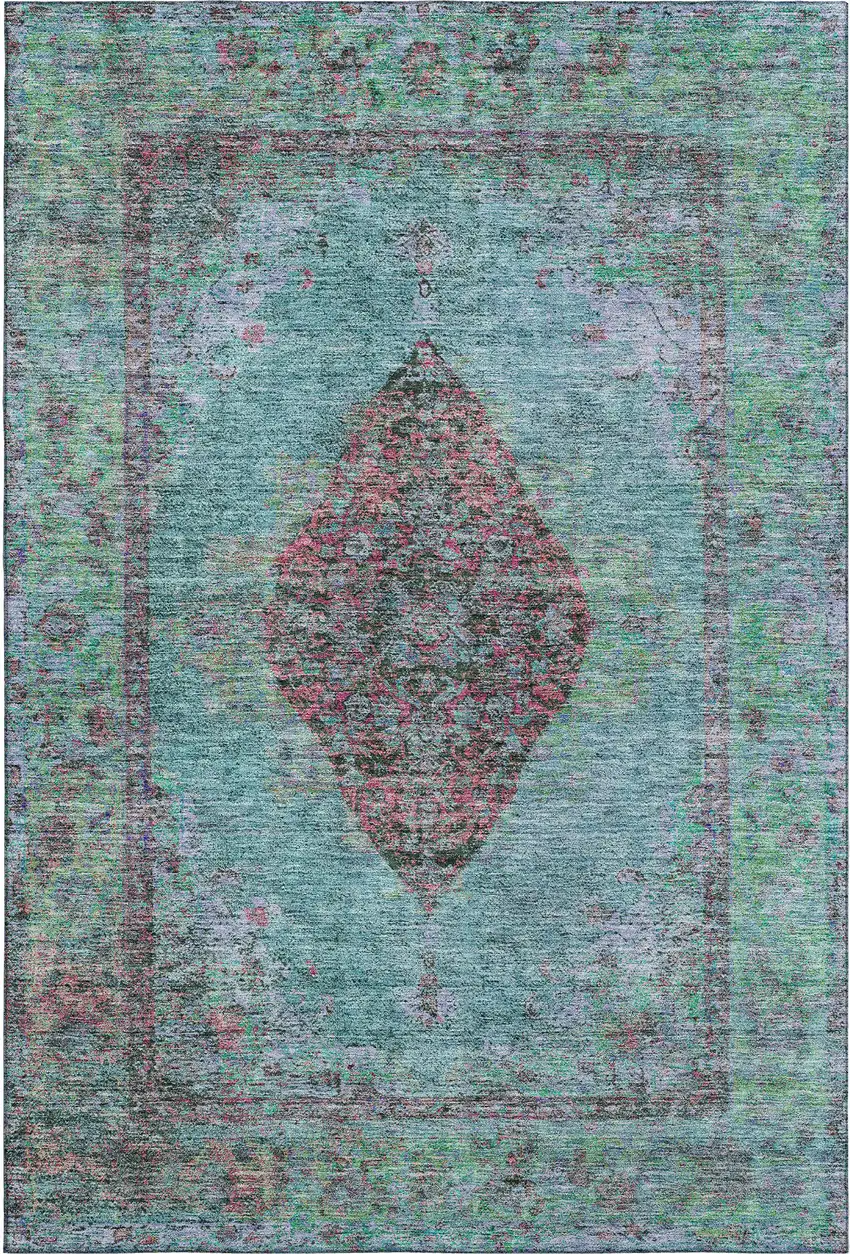 Aqua And Purple Medallion Washable Area Rug With UV Protection Photo 1