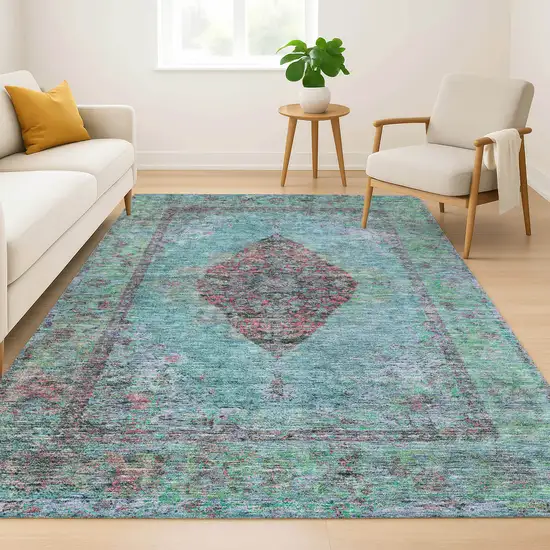 Aqua And Purple Medallion Washable Area Rug With UV Protection Photo 5