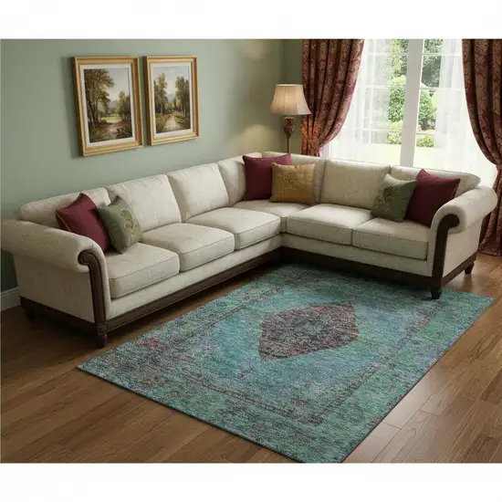 Aqua And Purple Medallion Washable Area Rug With UV Protection Photo 2