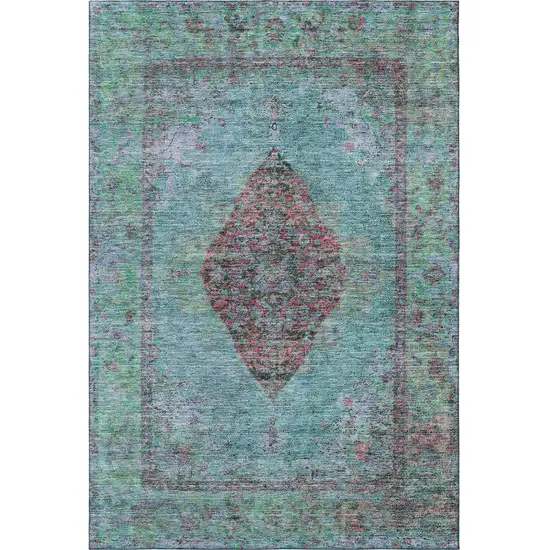 Aqua And Purple Medallion Washable Area Rug With UV Protection Photo 3