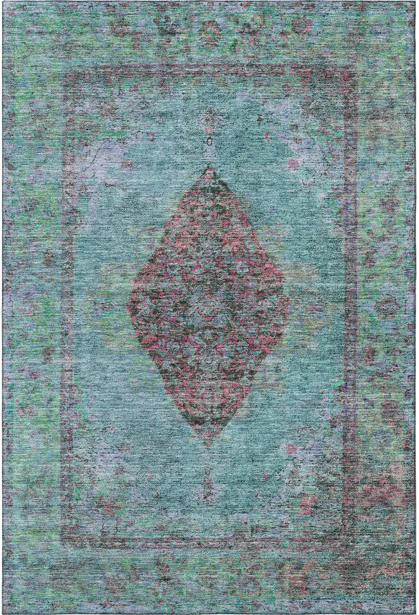 Aqua And Purple Medallion Washable Area Rug With UV Protection Photo 3