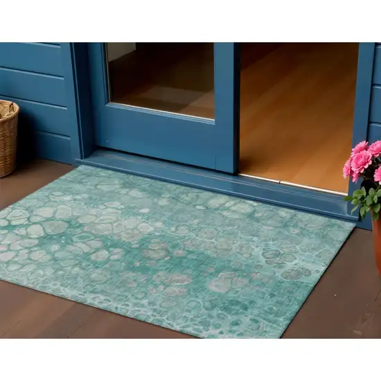 Aqua And Silver Abstract Washable Indoor Outdoor Area Rug Photo 2