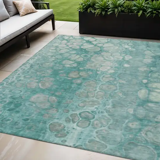 Aqua And Silver Abstract Washable Indoor Outdoor Area Rug Photo 2