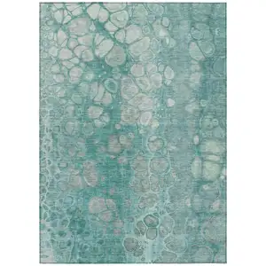 Photo of Aqua And Silver Abstract Washable Indoor Outdoor Area Rug