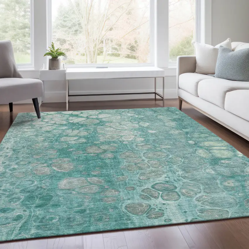 Aqua And Silver Abstract Washable Indoor Outdoor Area Rug Photo 7