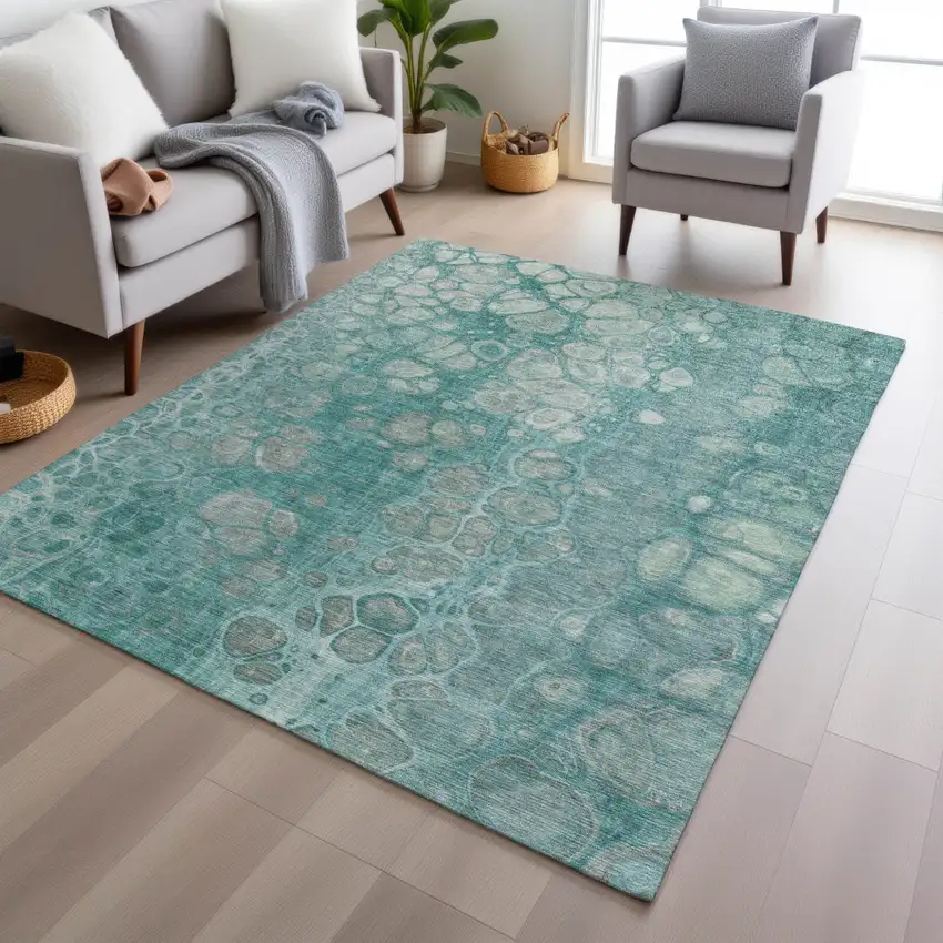 Aqua And Silver Abstract Washable Indoor Outdoor Area Rug Photo 6