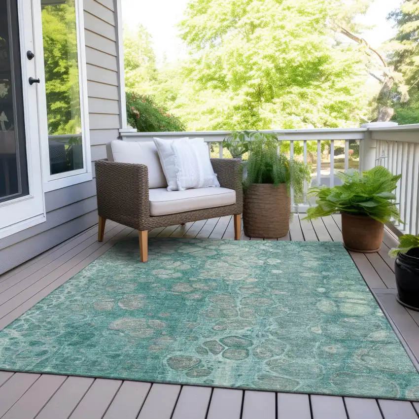 Aqua And Silver Abstract Washable Indoor Outdoor Area Rug Photo 8