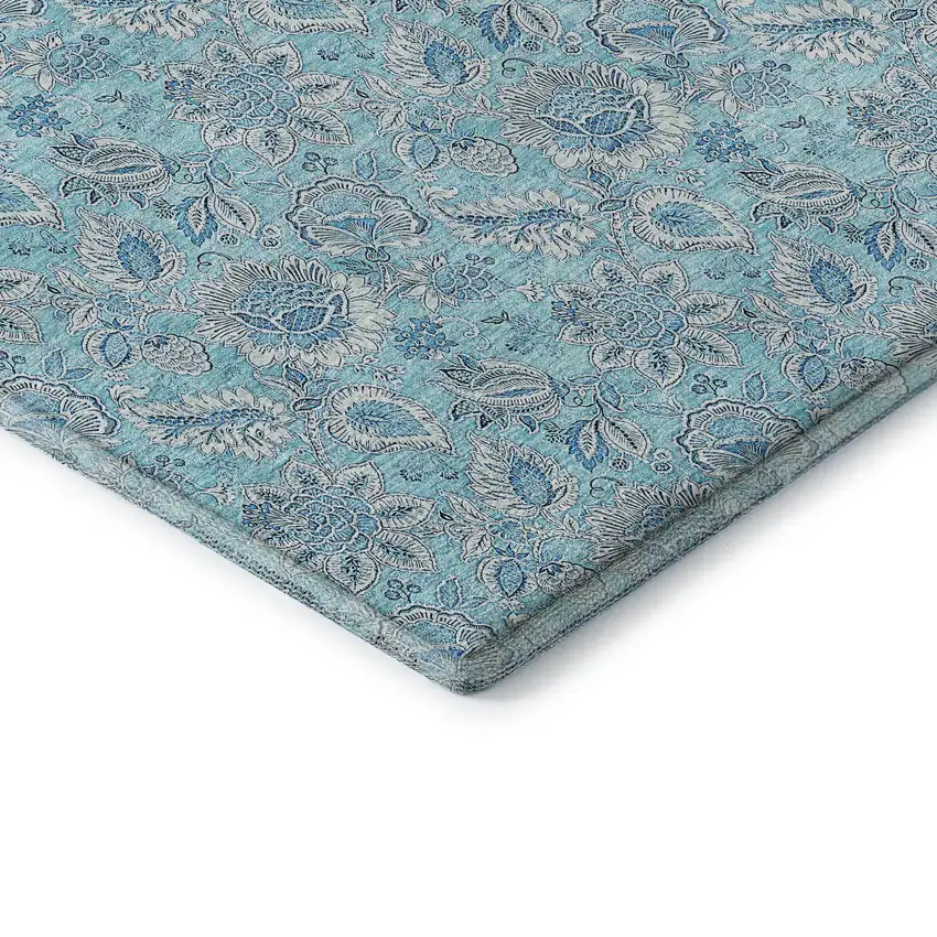 Aqua And Silver Floral Washable Area Rug With UV Protection Photo 7