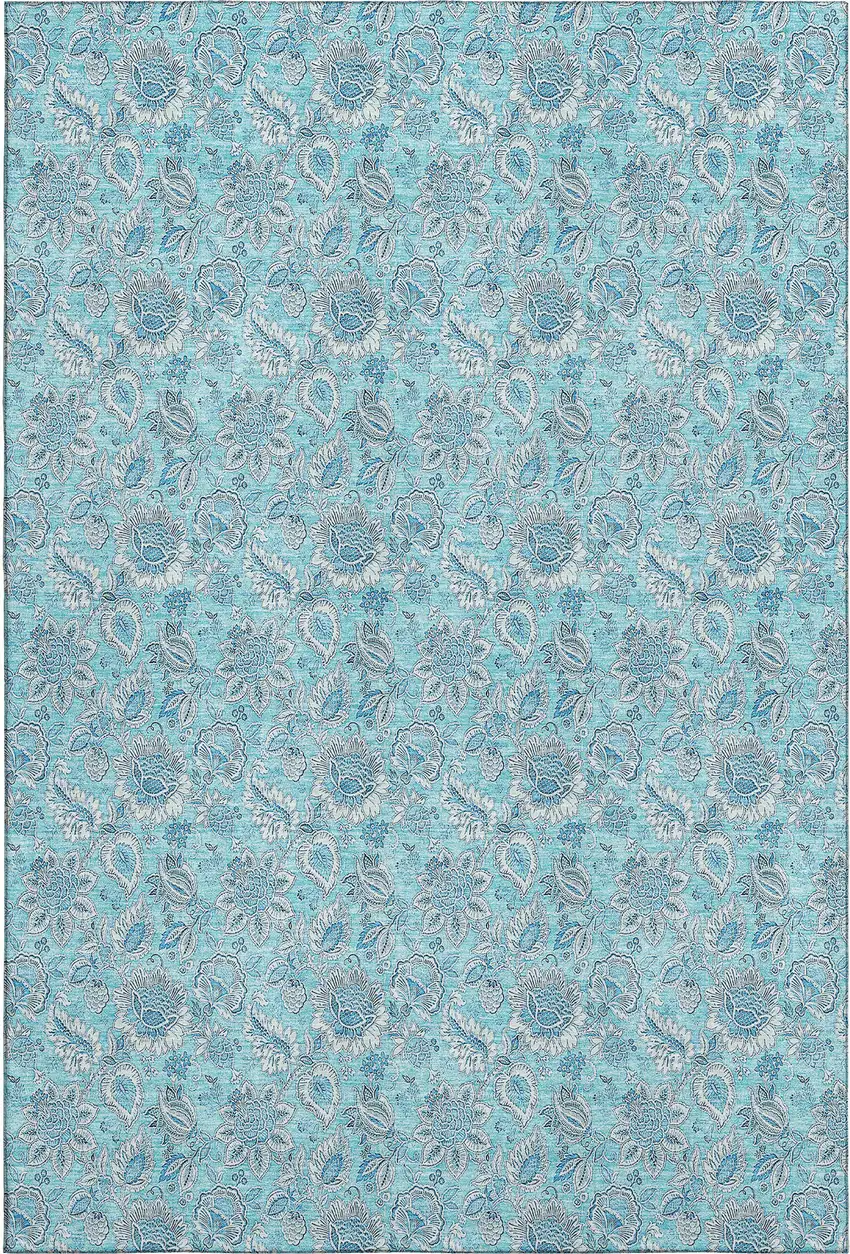 Aqua And Silver Floral Washable Area Rug With UV Protection Photo 1