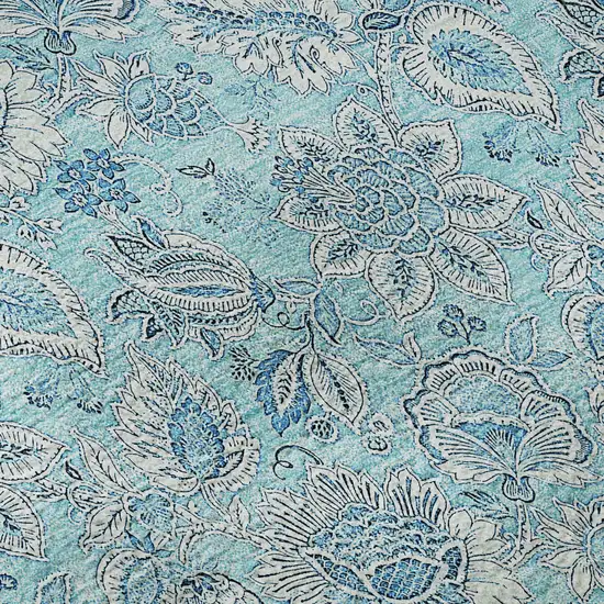Aqua And Silver Floral Washable Area Rug With UV Protection Photo 9