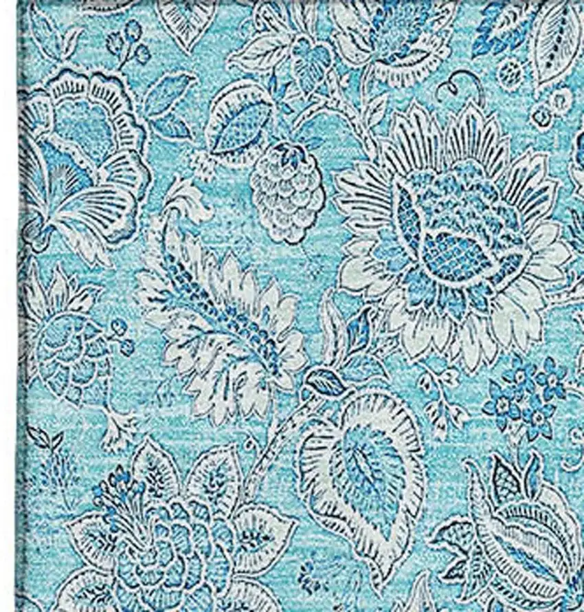 Aqua And Silver Floral Washable Area Rug With UV Protection Photo 2