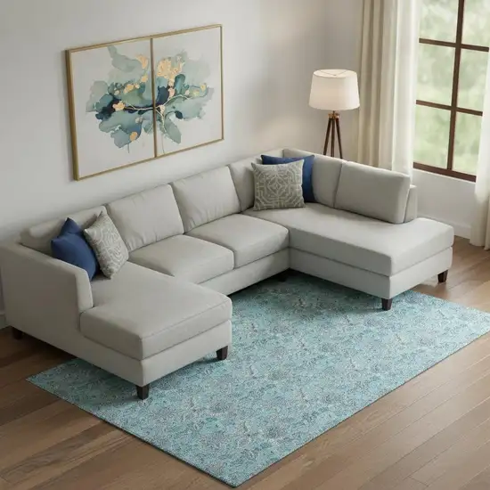 Aqua And Silver Floral Washable Area Rug With UV Protection Photo 1