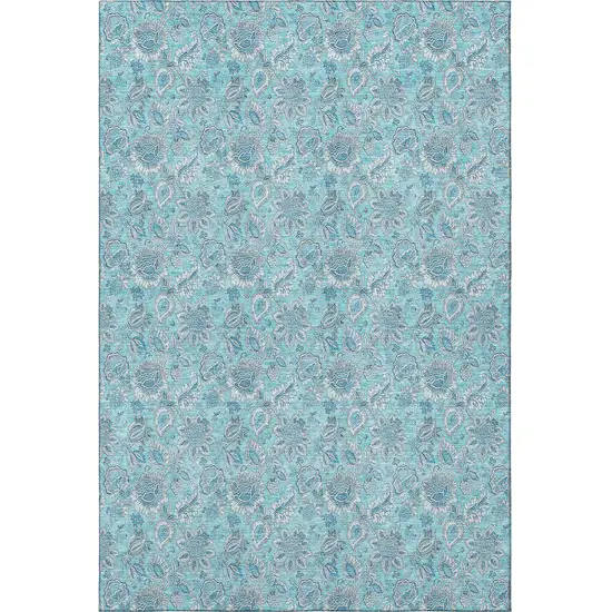 Aqua And Silver Floral Washable Area Rug With UV Protection Photo 3