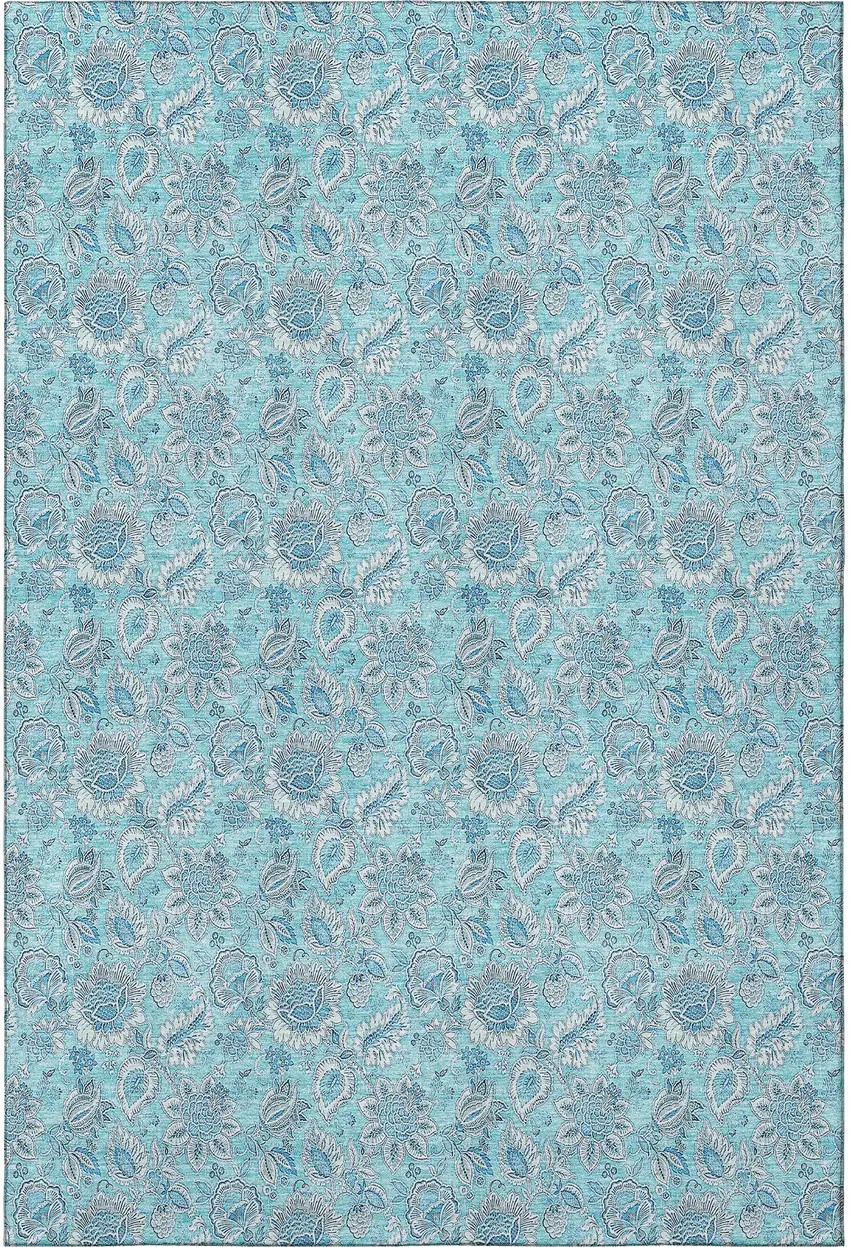 Aqua And Silver Floral Washable Area Rug With UV Protection Photo 3