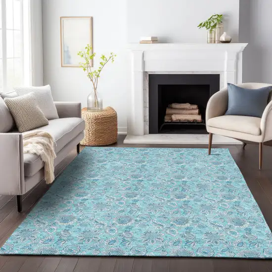 Aqua And Silver Floral Washable Area Rug With UV Protection Photo 4