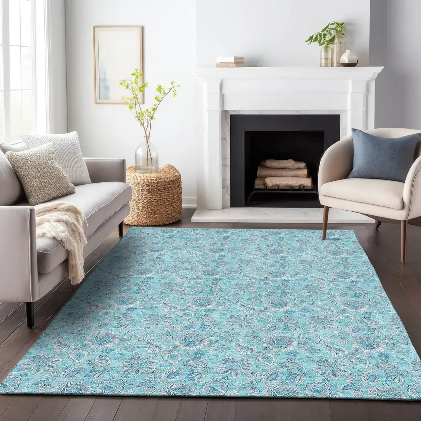 Aqua And Silver Floral Washable Area Rug With UV Protection Photo 4