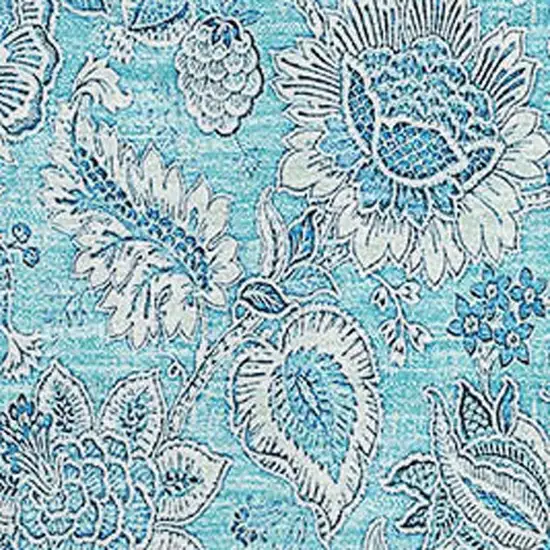 Aqua And Silver Floral Washable Area Rug With UV Protection Photo 2