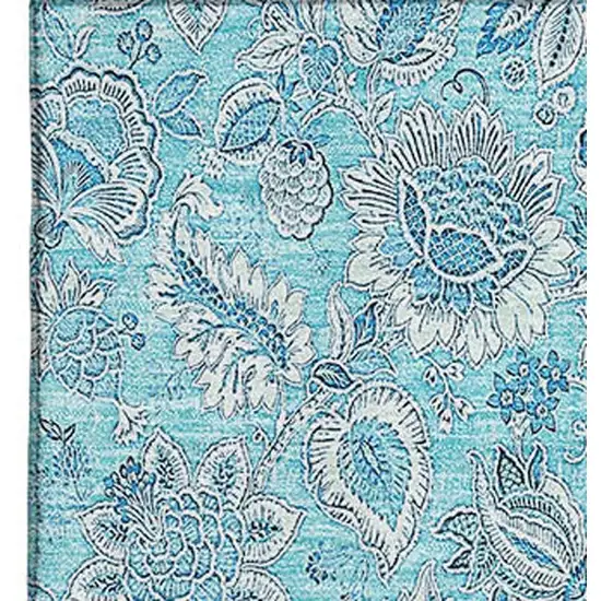 Aqua And Silver Floral Washable Area Rug With UV Protection Photo 3