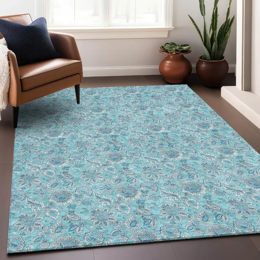Aqua And Silver Floral Washable Area Rug With UV Protection Photo 5