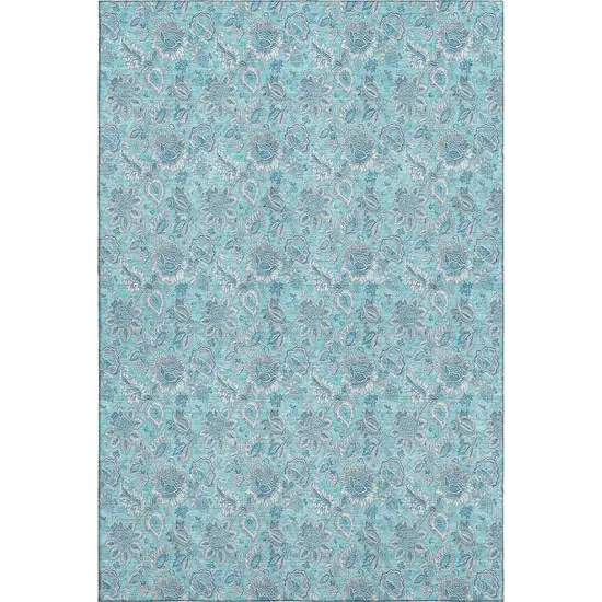 Aqua And Silver Floral Washable Area Rug With UV Protection Photo 1