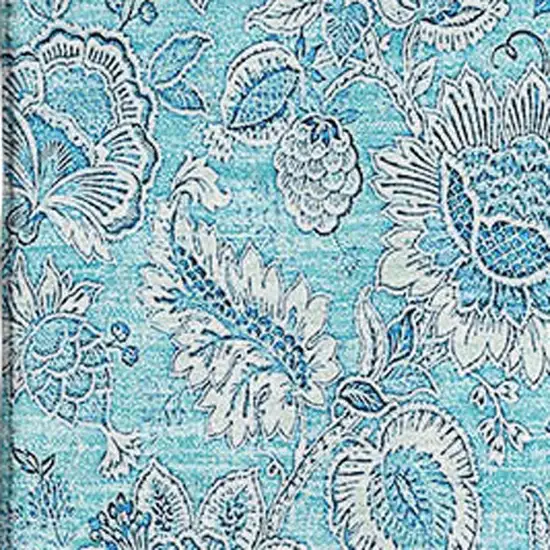 Aqua And Silver Floral Washable Area Rug With UV Protection Photo 2