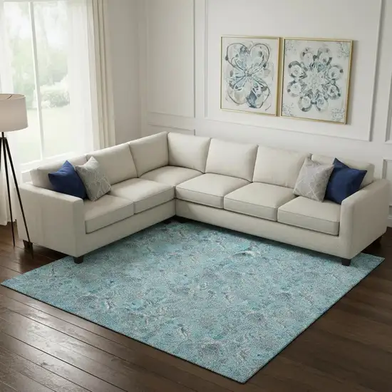 Aqua And Silver Floral Washable Area Rug With UV Protection Photo 2