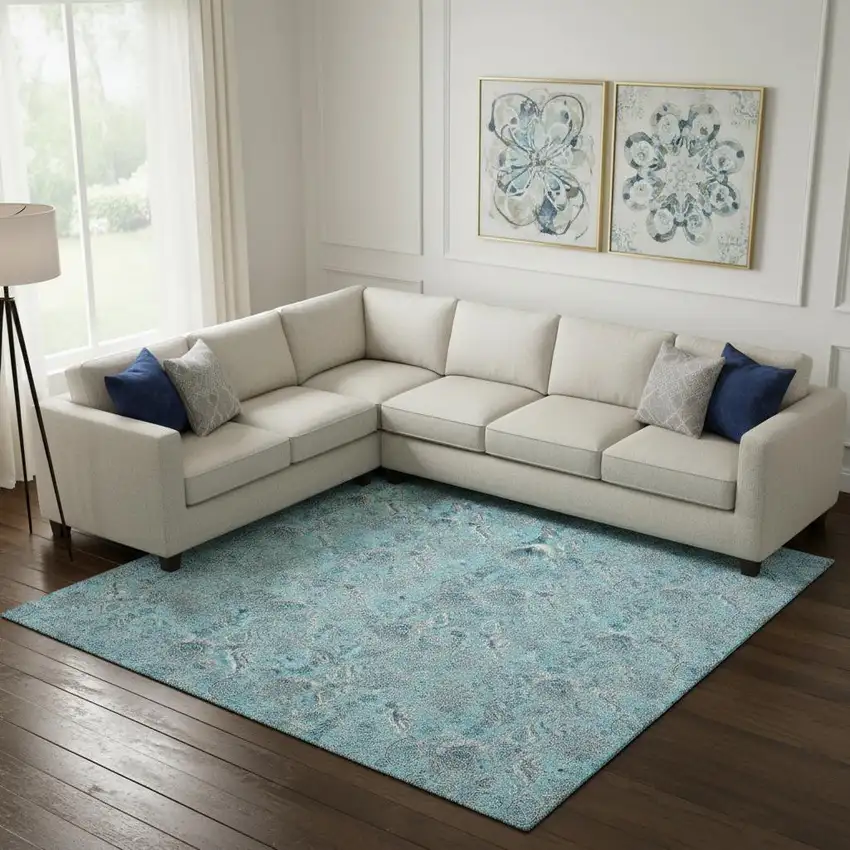 Aqua And Silver Floral Washable Area Rug With UV Protection Photo 2