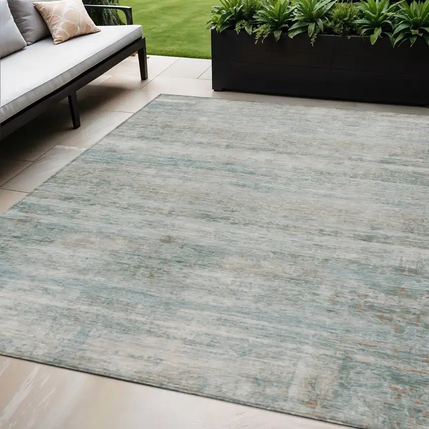 Aqua And Silver Striped Washable Indoor Outdoor Area Rug Photo 2
