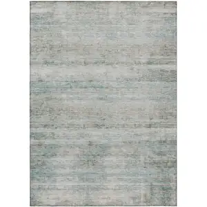 Photo of Aqua And Silver Striped Washable Indoor Outdoor Area Rug