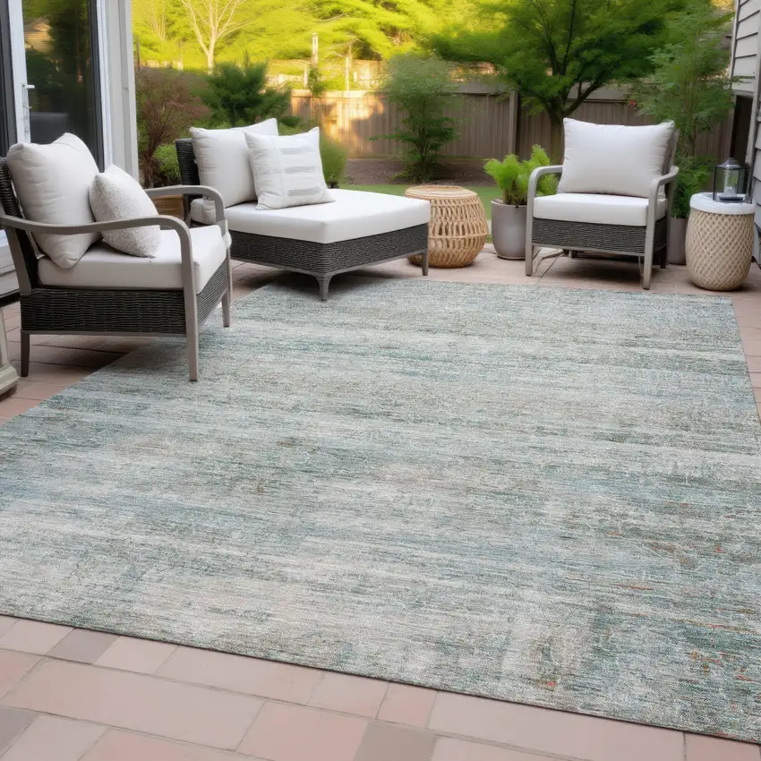 Aqua And Silver Striped Washable Indoor Outdoor Area Rug Photo 9