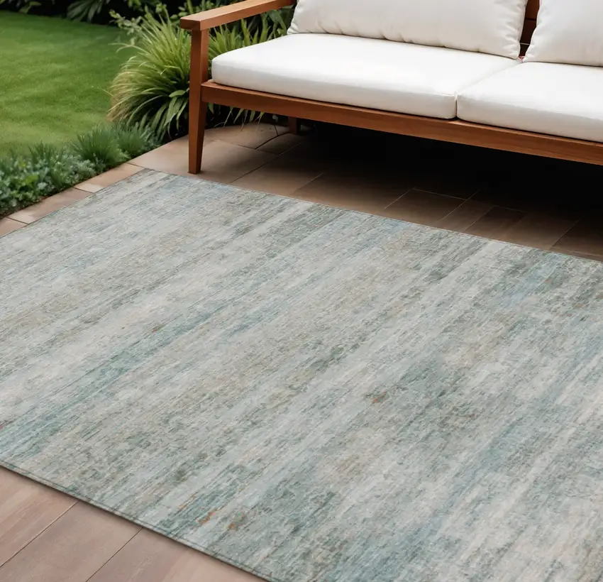 Aqua And Silver Striped Washable Indoor Outdoor Area Rug Photo 2