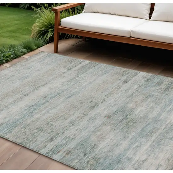 Aqua And Silver Striped Washable Indoor Outdoor Area Rug Photo 2