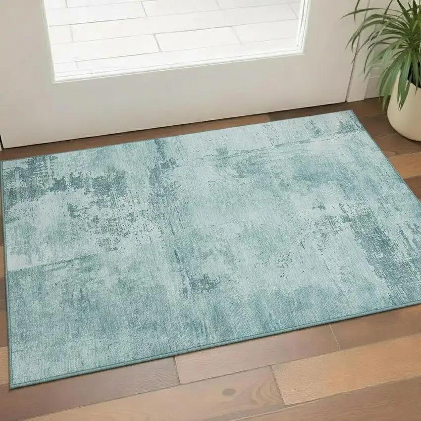 Aqua And Sky Blue Abstract Washable Area Rug With UV Protection Photo 2